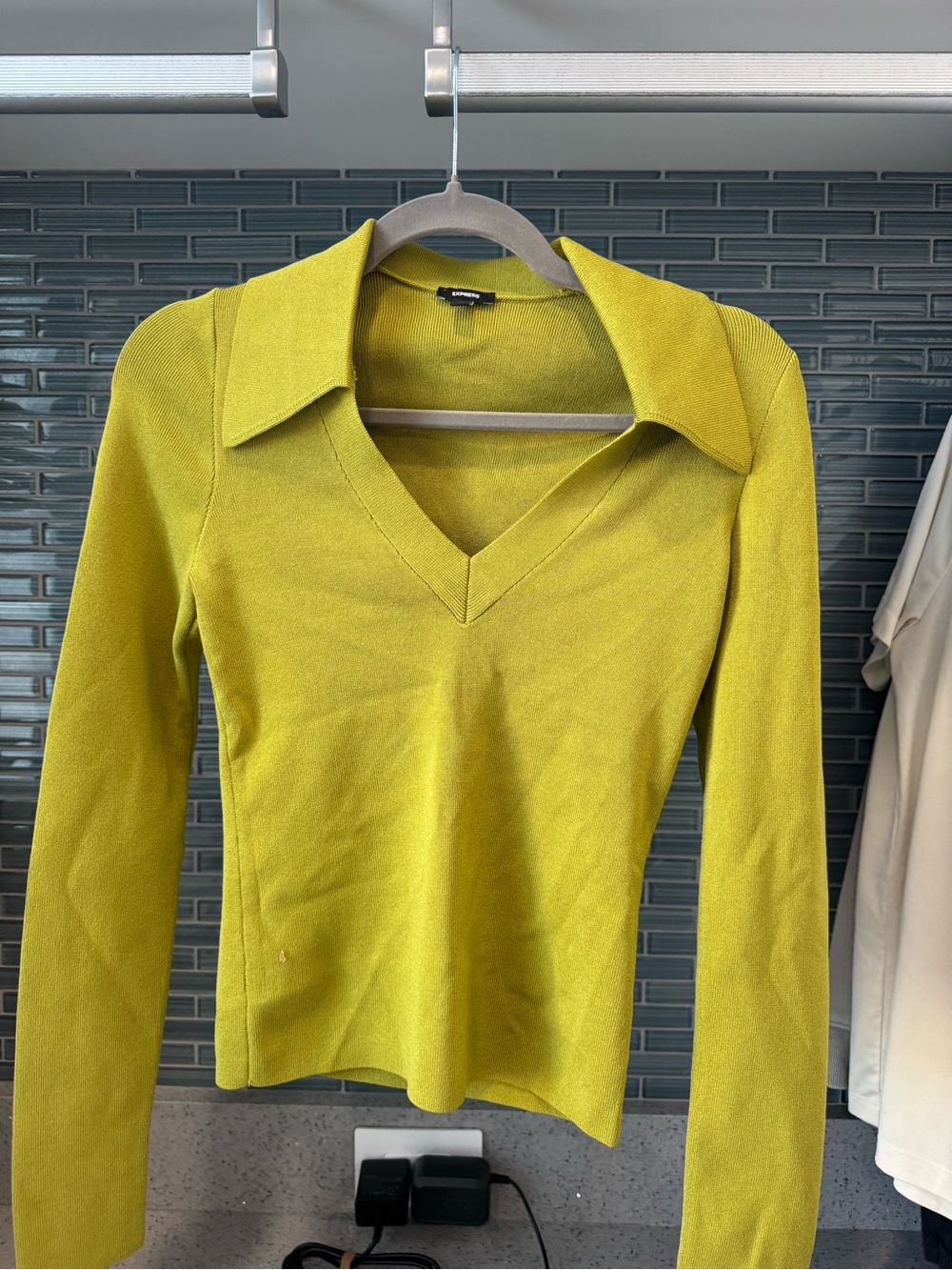 Express Chartreuse V-Neck Polo Sweater